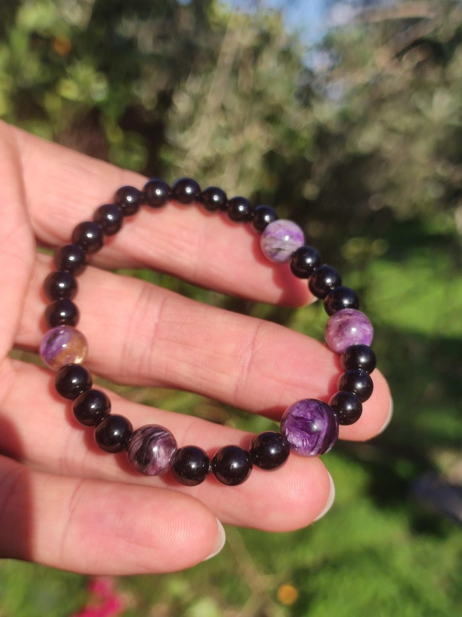 Charoit + Turmalin (Schörl) ~ Edelstein Armband *Rarität Unikat Stretch GOA Mann Frau Freund Geschenk Er Sie Schmuck Valentinstag - Art of Nature Berlin