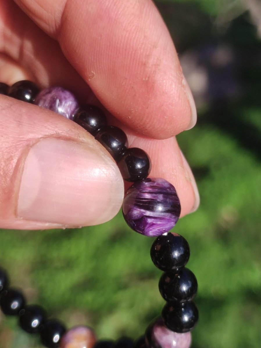 Charoit + Turmalin (Schörl) ~ Edelstein Armband *Rarität Unikat Stretch GOA Mann Frau Freund Geschenk Er Sie Schmuck Valentinstag - Art of Nature Berlin
