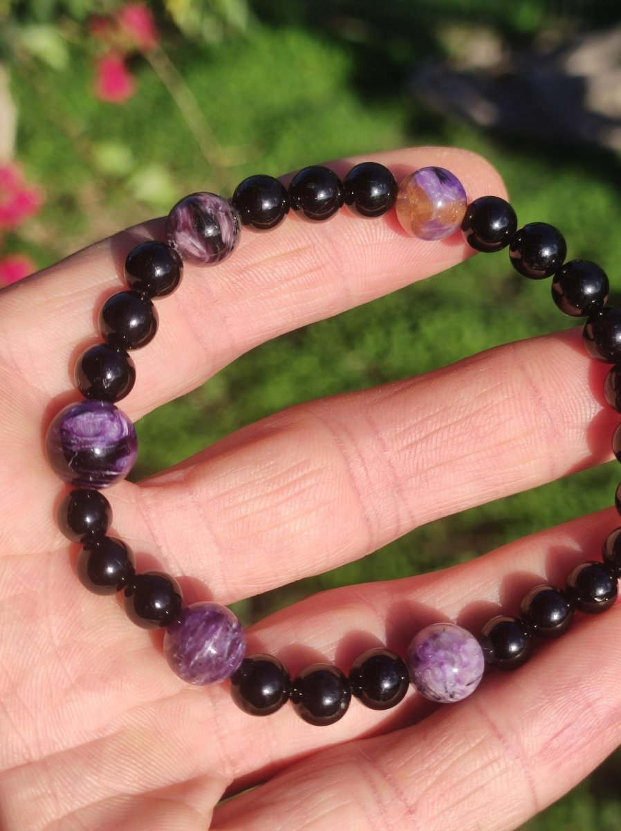 Charoit + Turmalin (Schörl) ~ Edelstein Armband *Rarität Unikat Stretch GOA Mann Frau Freund Geschenk Er Sie Schmuck Valentinstag - Art of Nature Berlin