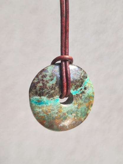Chrysocoll Chrysokolla Donut 30mm Edelstein Kette Heilstein Schutzsymbol Mann Frau Glück HIPPIE GOA Boho Tibet Ethno Natur Rarität Geschenk - Art of Nature Berlin