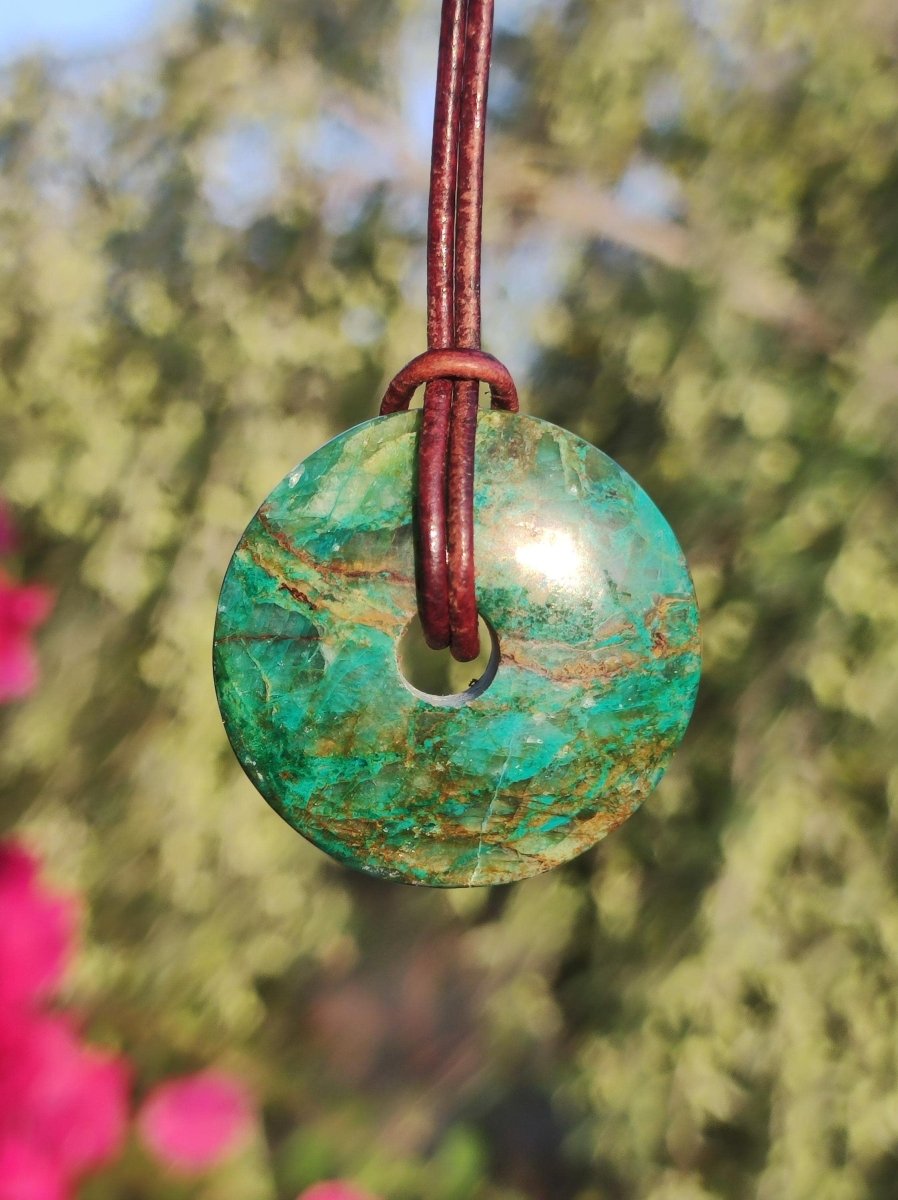 Chrysocoll Chrysokolla Donut 30mm Edelstein Kette Heilstein Schutzsymbol Mann Frau Glück HIPPIE GOA Boho Tibet Ethno Natur Rarität Geschenk - Art of Nature Berlin