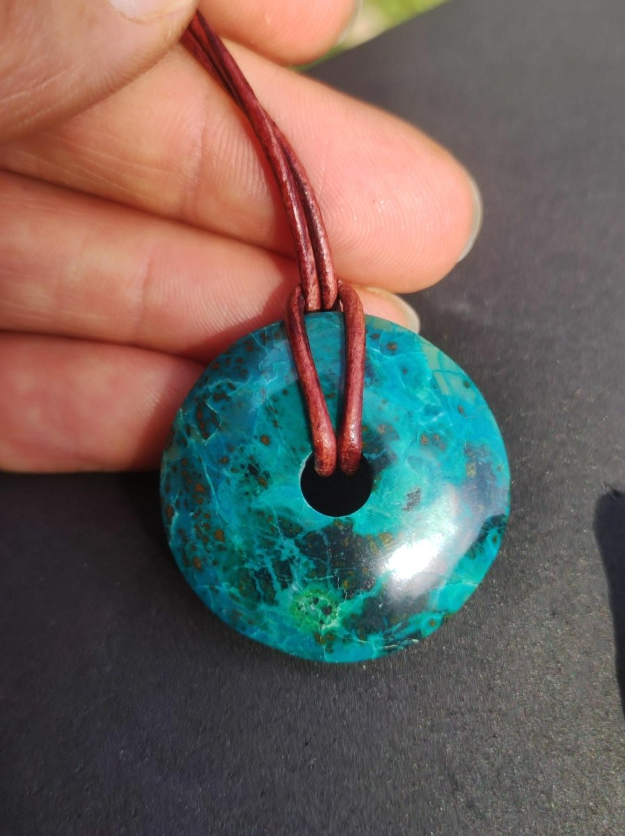 Chrysocoll Chrysokolla Donut 30mm Edelstein Kette Heilstein Schutzsymbol Mann Frau Glück HIPPIE GOA Boho Tibet Ethno Natur Rarität Geschenk - Art of Nature Berlin