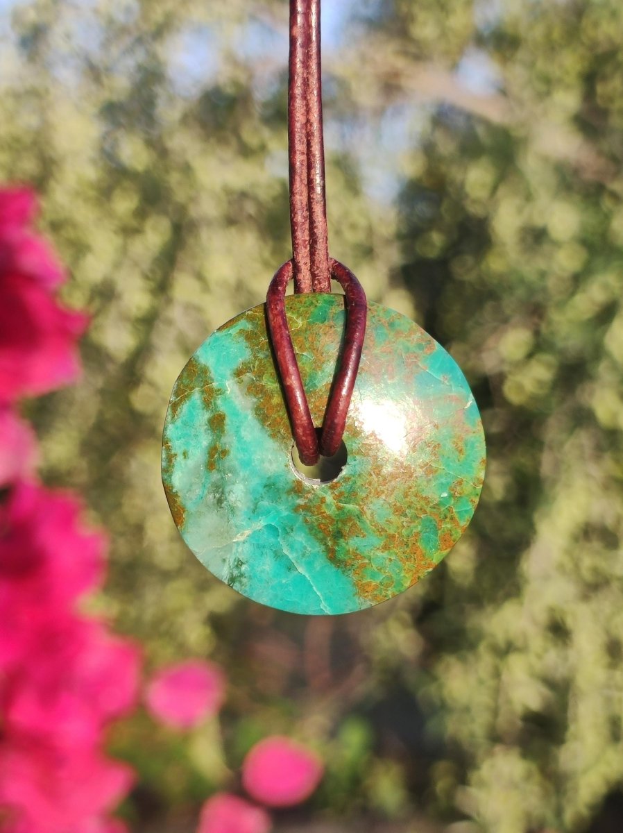 Chrysocoll Chrysokolla Donut 30mm Edelstein Kette Heilstein Schutzsymbol Mann Frau Glück HIPPIE GOA Boho Tibet Ethno Natur Rarität Geschenk - Art of Nature Berlin
