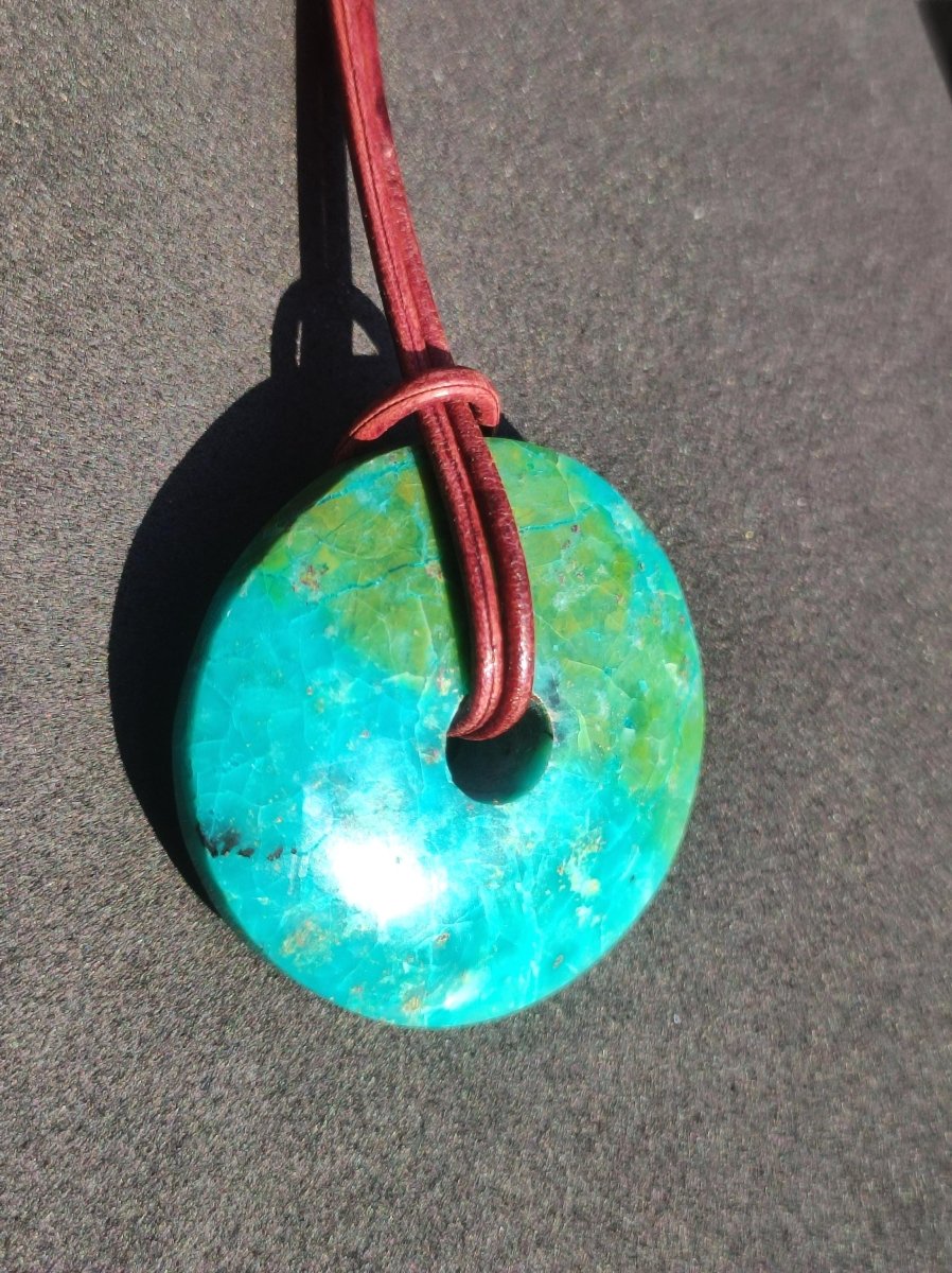 Chrysocoll Chrysokolla Donut 30mm Edelstein Kette Heilstein Schutzsymbol Mann Frau Glück HIPPIE GOA Boho Tibet Ethno Natur Rarität Geschenk - Art of Nature Berlin
