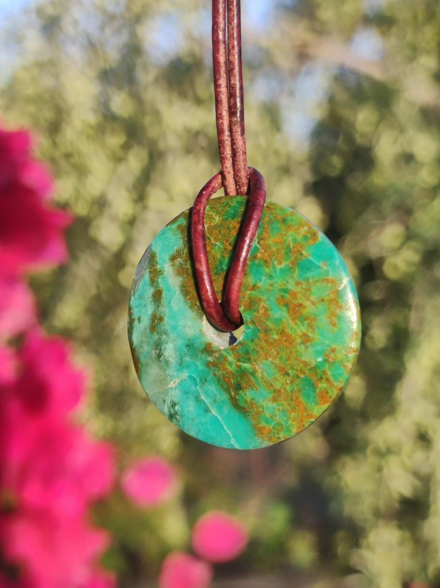 Chrysocoll Chrysokolla Donut 30mm Edelstein Kette Heilstein Schutzsymbol Mann Frau Glück HIPPIE GOA Boho Tibet Ethno Natur Rarität Geschenk - Art of Nature Berlin