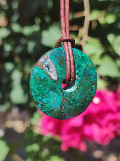 Chrysocoll Chrysokolla Donut 30mm Edelstein Kette Heilstein Schutzsymbol Mann Frau Glück HIPPIE GOA Boho Tibet Ethno Natur Rarität Geschenk - Art of Nature Berlin
