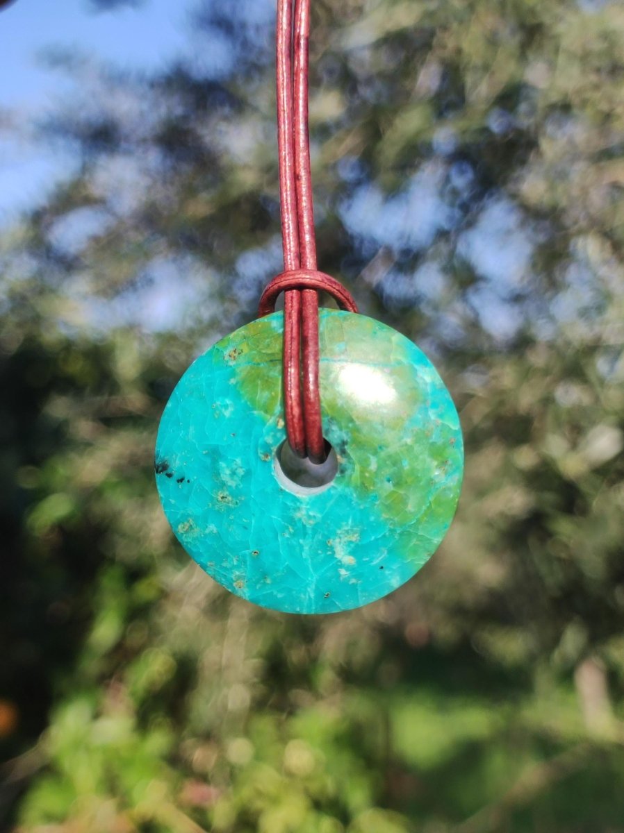 Chrysocoll Chrysokolla Donut 30mm Edelstein Kette Heilstein Schutzsymbol Mann Frau Glück HIPPIE GOA Boho Tibet Ethno Natur Rarität Geschenk - Art of Nature Berlin