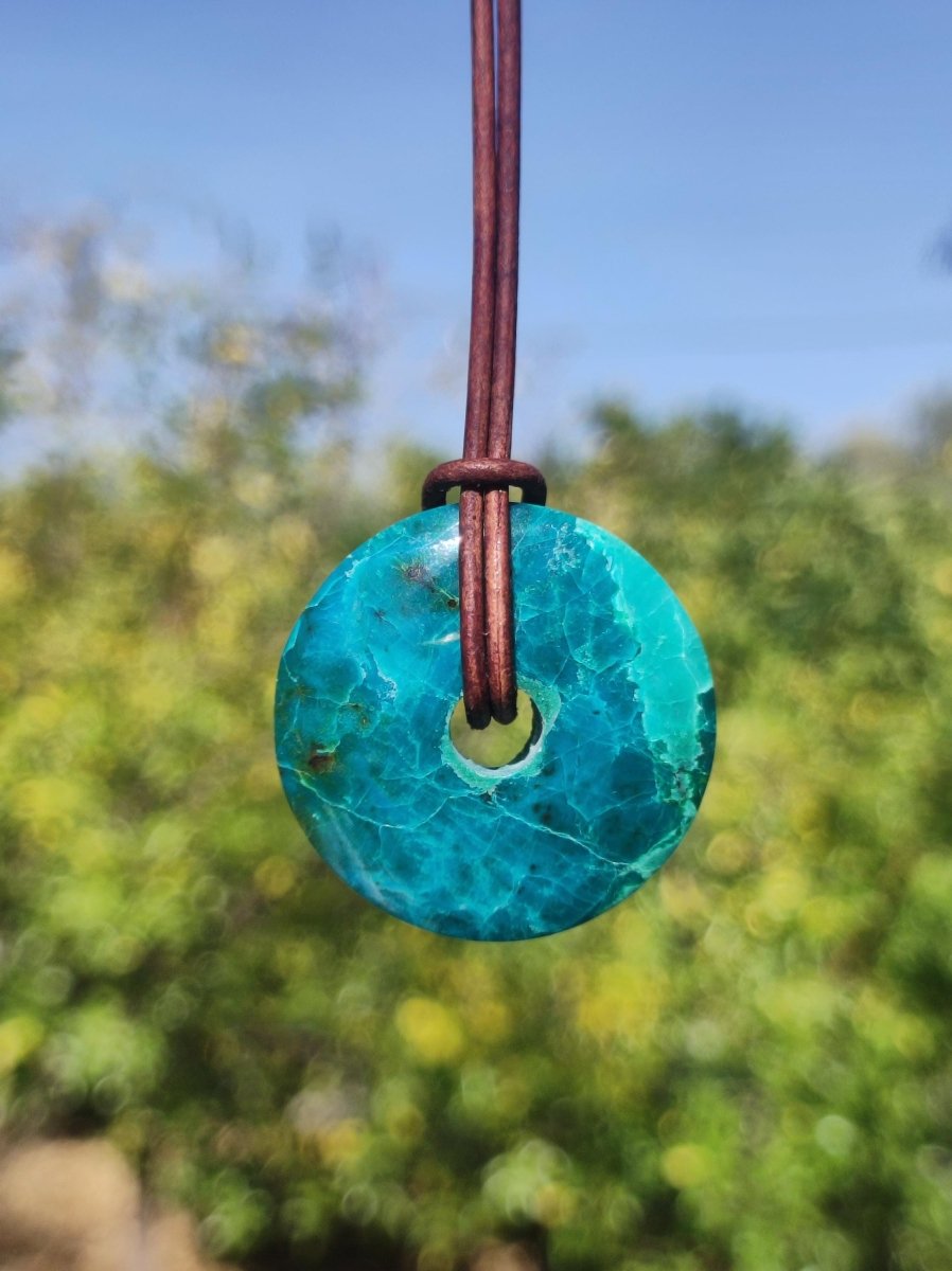 Chrysocoll Chrysokolla Donut 30mm Edelstein Kette Heilstein Schutzsymbol Mann Frau Glück HIPPIE GOA Boho Tibet Ethno Natur Rarität Geschenk - Art of Nature Berlin