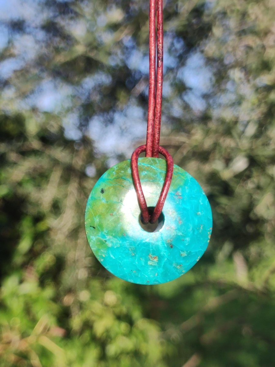 Chrysocoll Chrysokolla Donut 30mm Edelstein Kette Heilstein Schutzsymbol Mann Frau Glück HIPPIE GOA Boho Tibet Ethno Natur Rarität Geschenk - Art of Nature Berlin