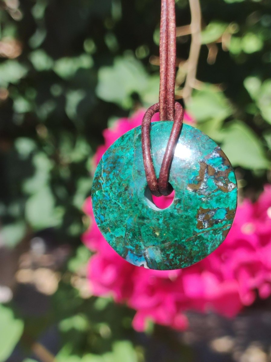 Chrysocoll Chrysokolla Donut 30mm Edelstein Kette Heilstein Schutzsymbol Mann Frau Glück HIPPIE GOA Boho Tibet Ethno Natur Rarität Geschenk - Art of Nature Berlin