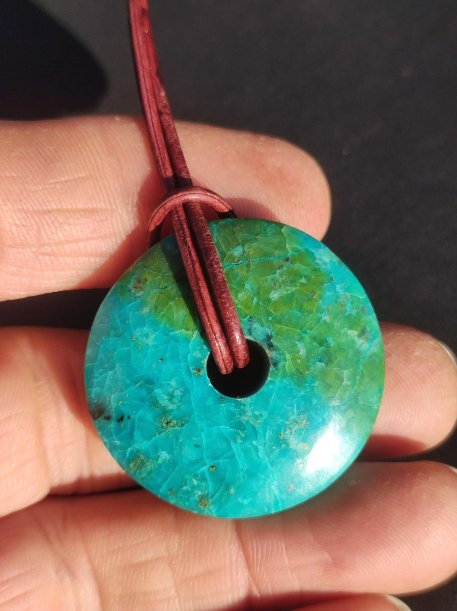 Chrysocoll Chrysokolla Donut 30mm Edelstein Kette Heilstein Schutzsymbol Mann Frau Glück HIPPIE GOA Boho Tibet Ethno Natur Rarität Geschenk - Art of Nature Berlin
