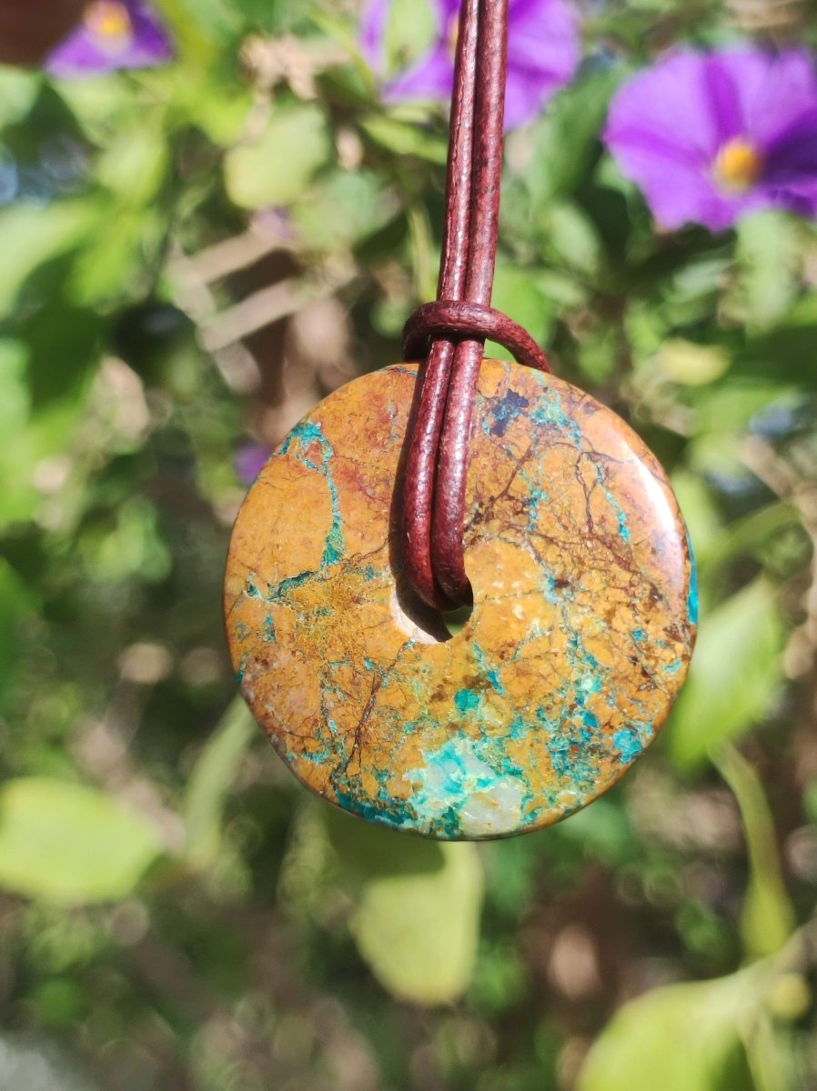 Chrysocoll Chrysokolla Donut 30mm Edelstein Kette Heilstein Schutzsymbol Mann Frau Glück HIPPIE GOA Boho Tibet Ethno Natur Rarität Geschenk - Art of Nature Berlin