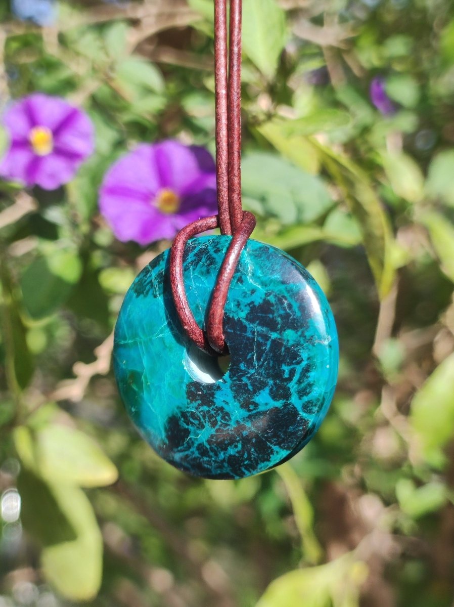 Chrysocoll Chrysokolla Donut 30mm Edelstein Kette Heilstein Schutzsymbol Mann Frau Glück HIPPIE GOA Boho Tibet Ethno Natur Rarität Geschenk - Art of Nature Berlin