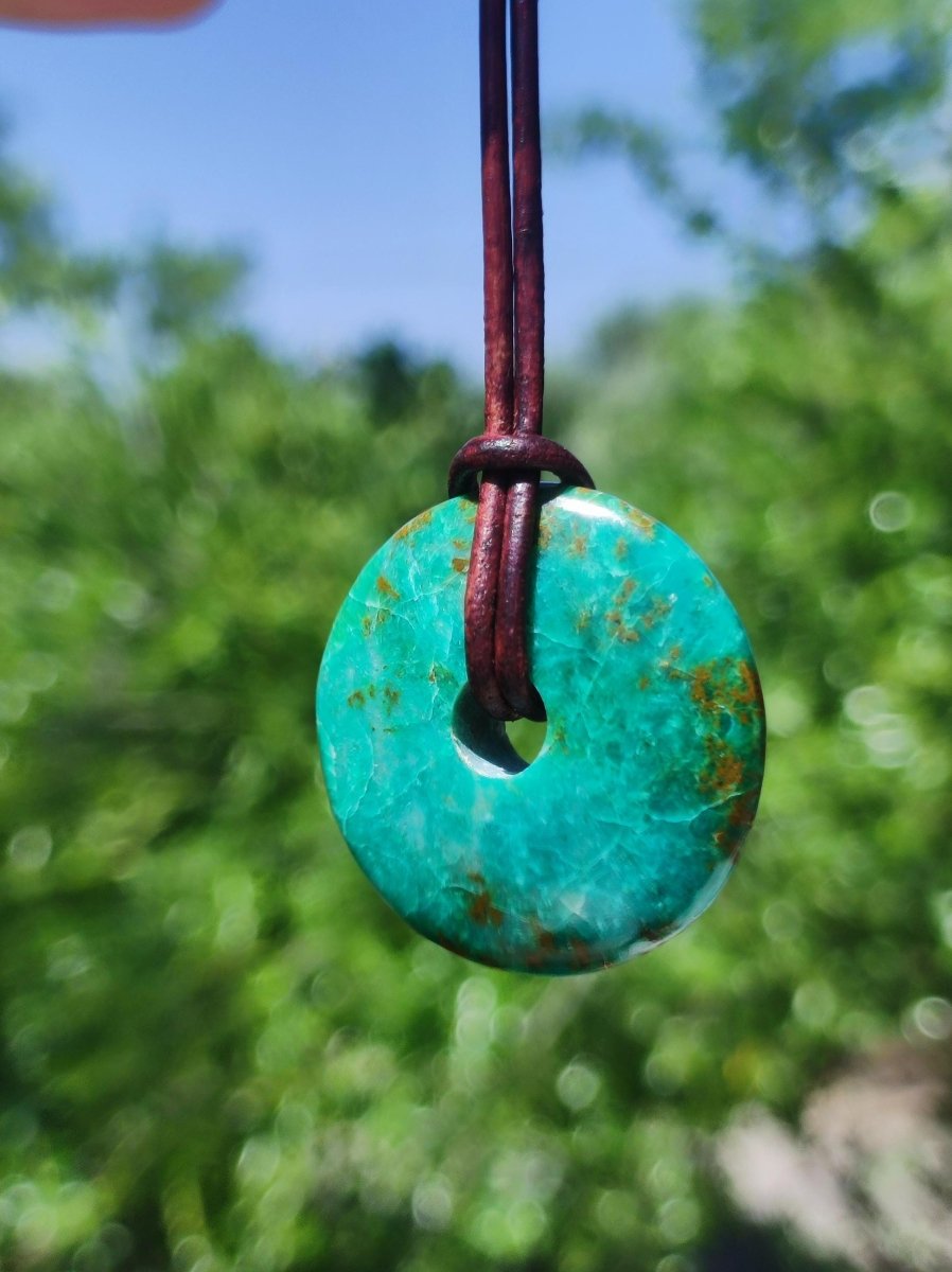 Chrysocoll Chrysokolla Donut 30mm Edelstein Kette Heilstein Schutzsymbol Mann Frau Glück HIPPIE GOA Boho Tibet Ethno Natur Rarität Geschenk - Art of Nature Berlin