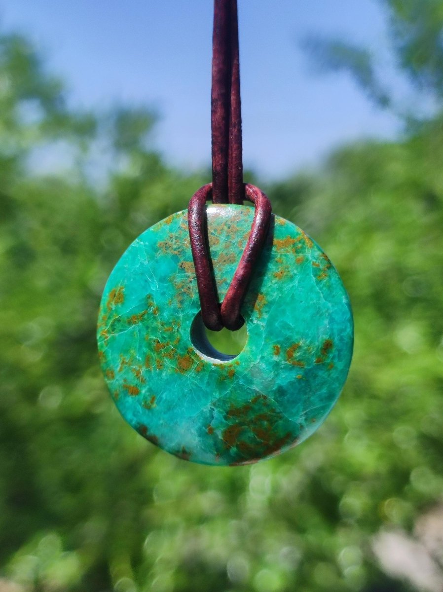 Chrysocoll Chrysokolla Donut 30mm Edelstein Kette Heilstein Schutzsymbol Mann Frau Glück HIPPIE GOA Boho Tibet Ethno Natur Rarität Geschenk - Art of Nature Berlin