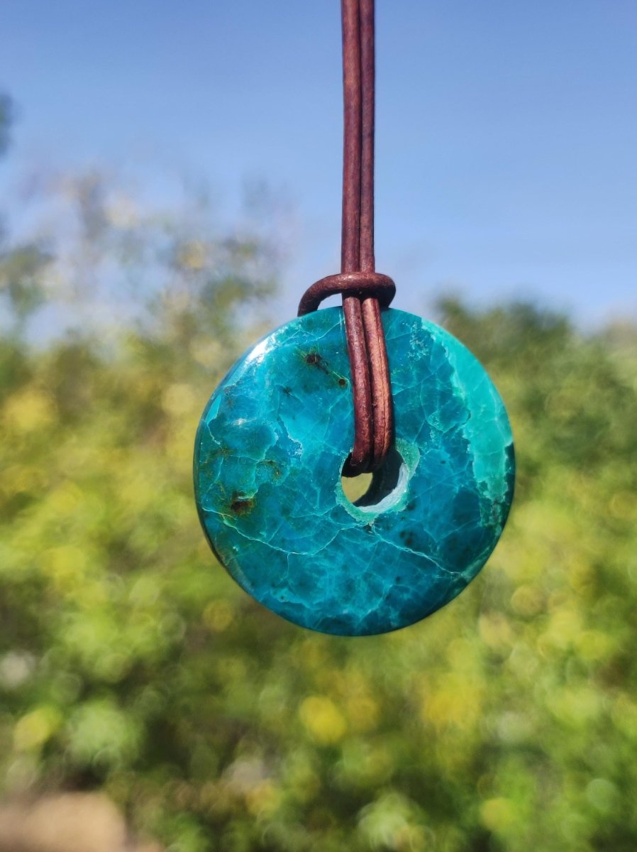 Chrysocoll Chrysokolla Donut 30mm Edelstein Kette Heilstein Schutzsymbol Mann Frau Glück HIPPIE GOA Boho Tibet Ethno Natur Rarität Geschenk - Art of Nature Berlin