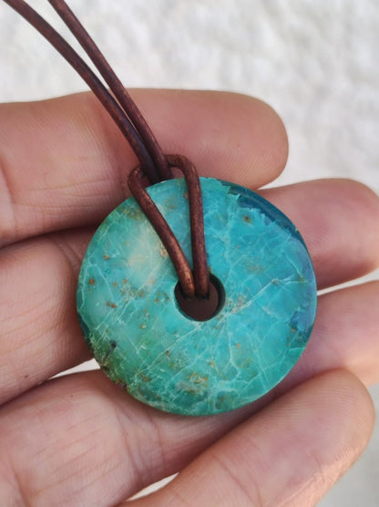 Chrysocoll Chrysokolla Donut 30mm Edelstein Kette Heilstein Schutzsymbol Mann Frau Glück HIPPIE GOA Boho Tibet Ethno Natur Rarität Geschenk - Art of Nature Berlin