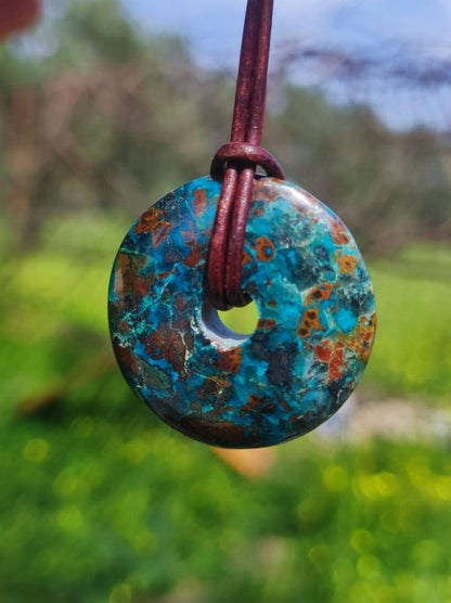 Chrysocoll Chrysokolla Donut 30mm Edelstein Kette Heilstein Schutzsymbol Mann Frau Glück HIPPIE GOA Boho Tibet Ethno Natur Rarität Geschenk - Art of Nature Berlin