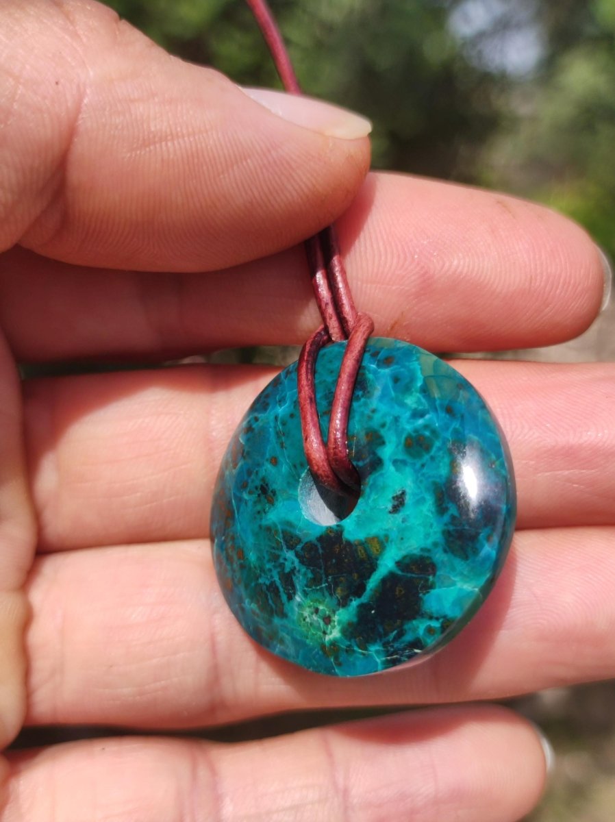 Chrysocoll Chrysokolla Donut 30mm Edelstein Kette Heilstein Schutzsymbol Mann Frau Glück HIPPIE GOA Boho Tibet Ethno Natur Rarität Geschenk - Art of Nature Berlin