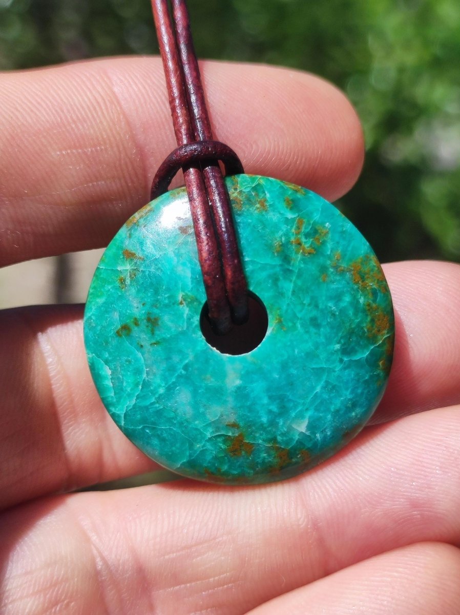 Chrysocoll Chrysokolla Donut 30mm Edelstein Kette Heilstein Schutzsymbol Mann Frau Glück HIPPIE GOA Boho Tibet Ethno Natur Rarität Geschenk - Art of Nature Berlin