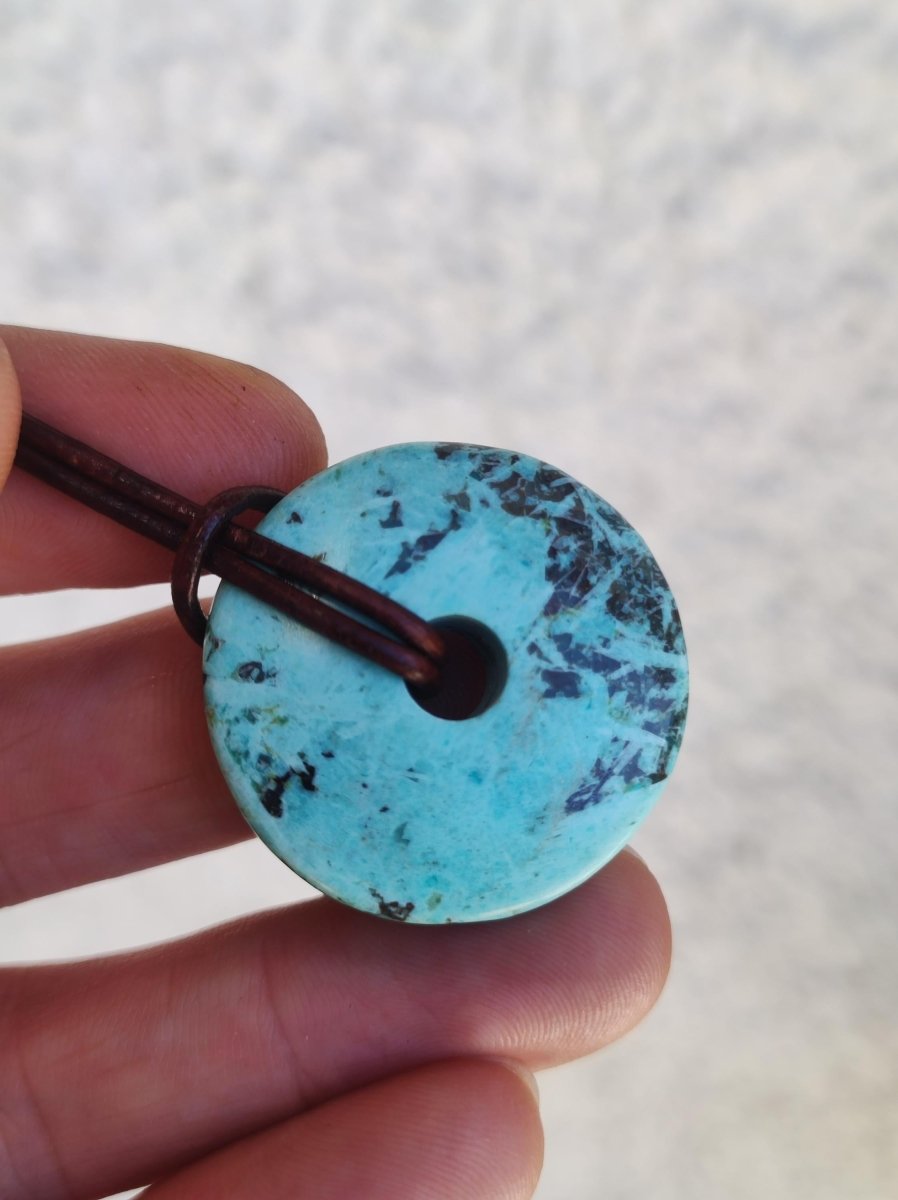 Chrysocoll Chrysokolla Donut 30mm Edelstein Kette Heilstein Schutzsymbol Mann Frau Glück HIPPIE GOA Boho Tibet Ethno Natur Rarität Geschenk - Art of Nature Berlin
