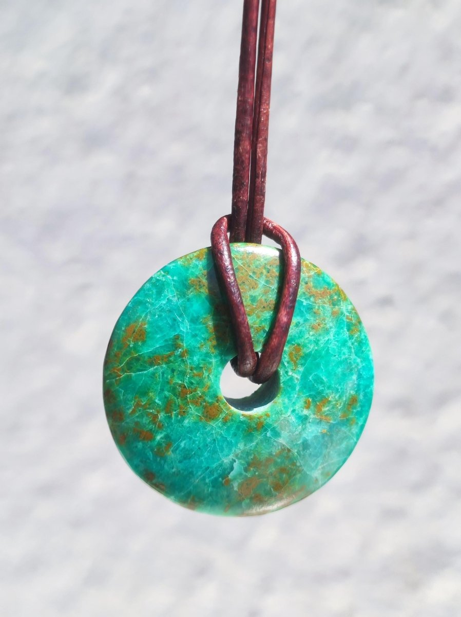 Chrysocoll Chrysokolla Donut 30mm Edelstein Kette Heilstein Schutzsymbol Mann Frau Glück HIPPIE GOA Boho Tibet Ethno Natur Rarität Geschenk - Art of Nature Berlin