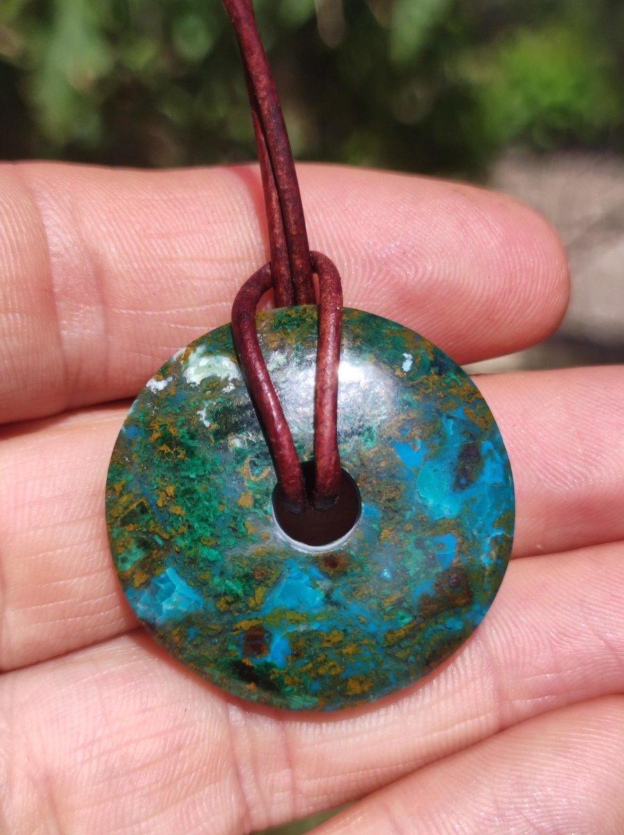 Chrysocoll Chrysokolla Donut 30mm Edelstein Kette Heilstein Schutzsymbol Mann Frau Glück HIPPIE GOA Boho Tibet Ethno Natur Rarität Geschenk - Art of Nature Berlin