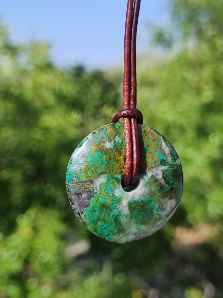 Chrysocoll Chrysokolla Donut 30mm Edelstein Kette Heilstein Schutzsymbol Mann Frau Glück HIPPIE GOA Boho Tibet Ethno Natur Rarität Geschenk - Art of Nature Berlin