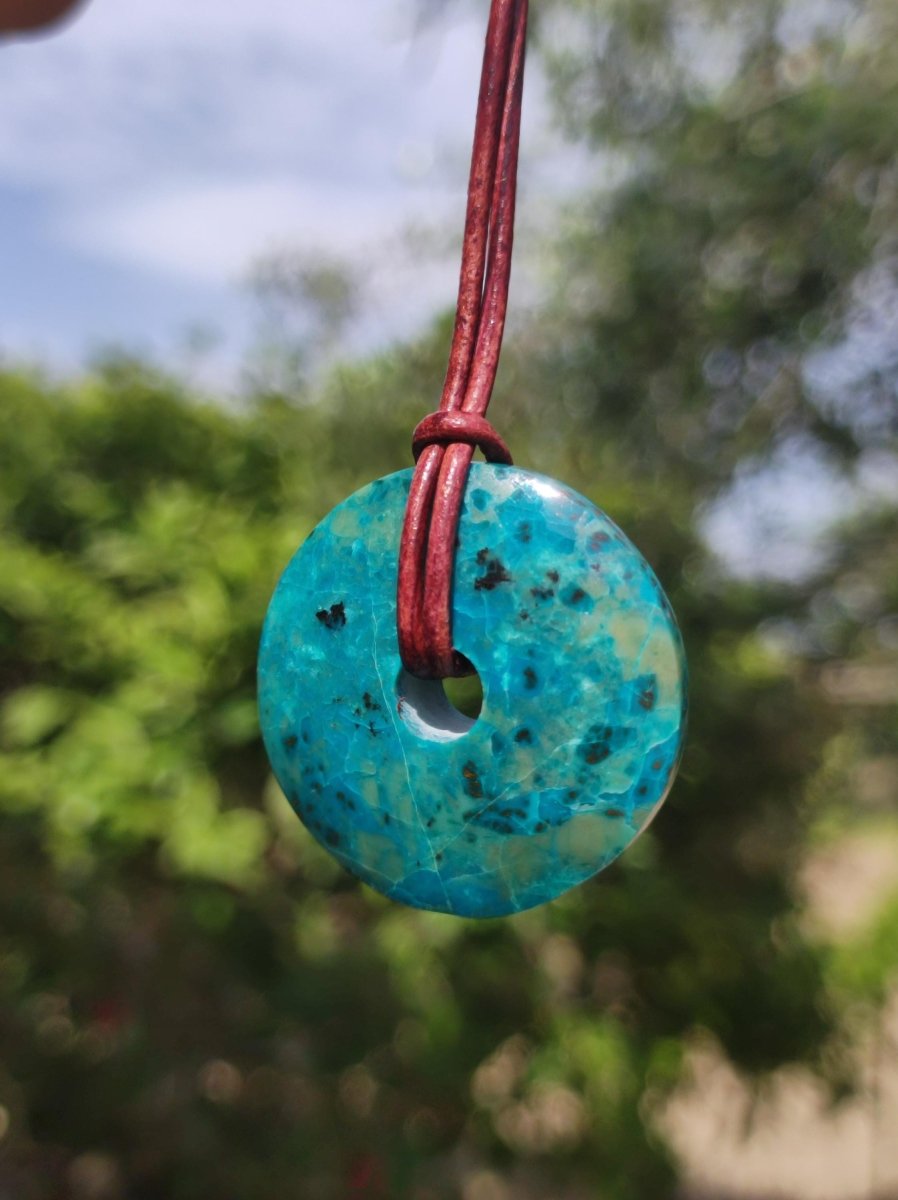 Chrysocoll Chrysokolla Donut 30mm Edelstein Kette Heilstein Schutzsymbol Mann Frau Glück HIPPIE GOA Boho Tibet Ethno Natur Rarität Geschenk - Art of Nature Berlin