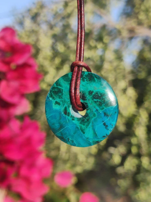 Chrysocoll Chrysokolla Donut 30mm Edelstein Kette Heilstein Schutzsymbol Mann Frau Glück HIPPIE GOA Boho Tibet Ethno Natur Rarität Geschenk - Art of Nature Berlin