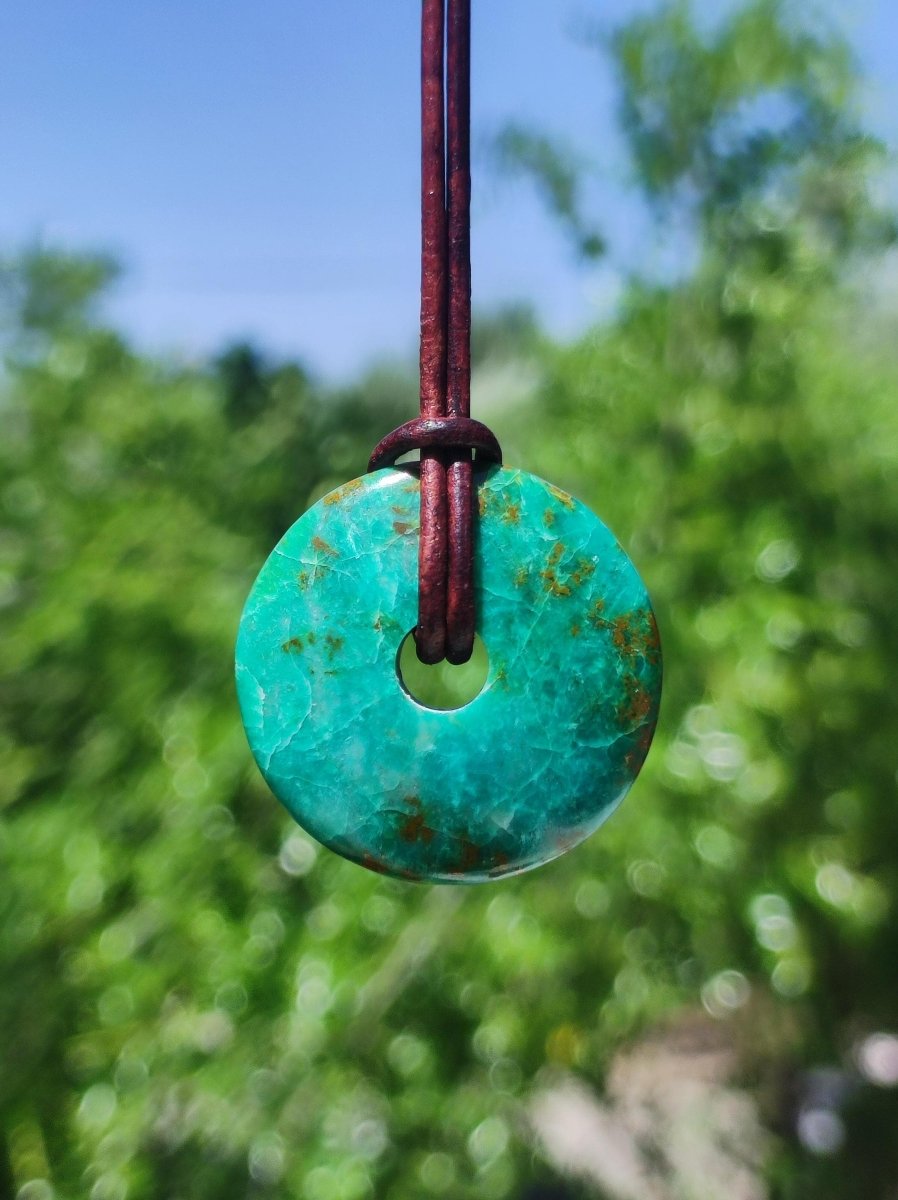 Chrysocoll Chrysokolla Donut 30mm Edelstein Kette Heilstein Schutzsymbol Mann Frau Glück HIPPIE GOA Boho Tibet Ethno Natur Rarität Geschenk - Art of Nature Berlin