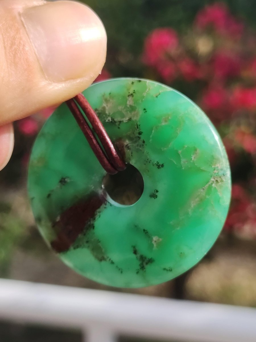 Chrysoprase Edelstein Donut Kette grün Natur GOA Boho Hippie Ethno Schutzsymbol Heilstein Sammler Unikat Mann Frau Er Sie Geschenk Anhänger - Art of Nature Berlin