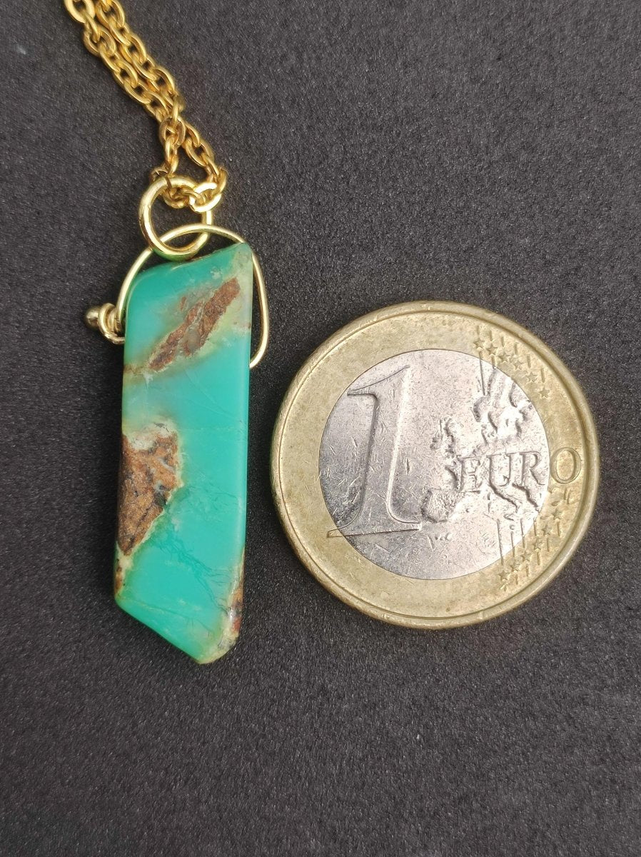 Chrysoprase Edelstein Kette grün golden lang Natur GOA Boho Hippie Ethno Schutz Heilstein Sammler Unikat Mann Frau Er Sie Geschenk Anhänger - Art of Nature Berlin