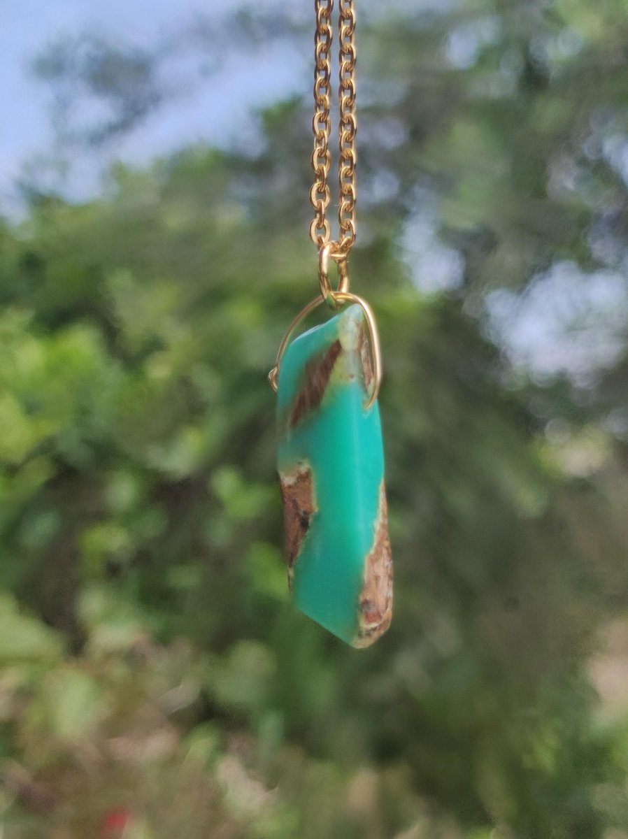 Chrysoprase Edelstein Kette grün golden lang Natur GOA Boho Hippie Ethno Schutz Heilstein Sammler Unikat Mann Frau Er Sie Geschenk Anhänger - Art of Nature Berlin