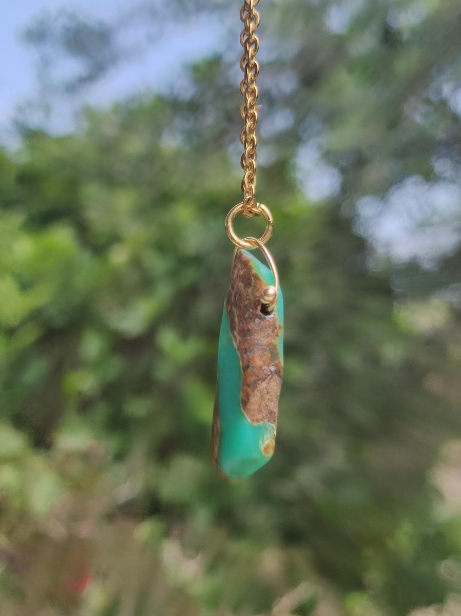 Chrysoprase Edelstein Kette grün golden lang Natur GOA Boho Hippie Ethno Schutz Heilstein Sammler Unikat Mann Frau Er Sie Geschenk Anhänger - Art of Nature Berlin