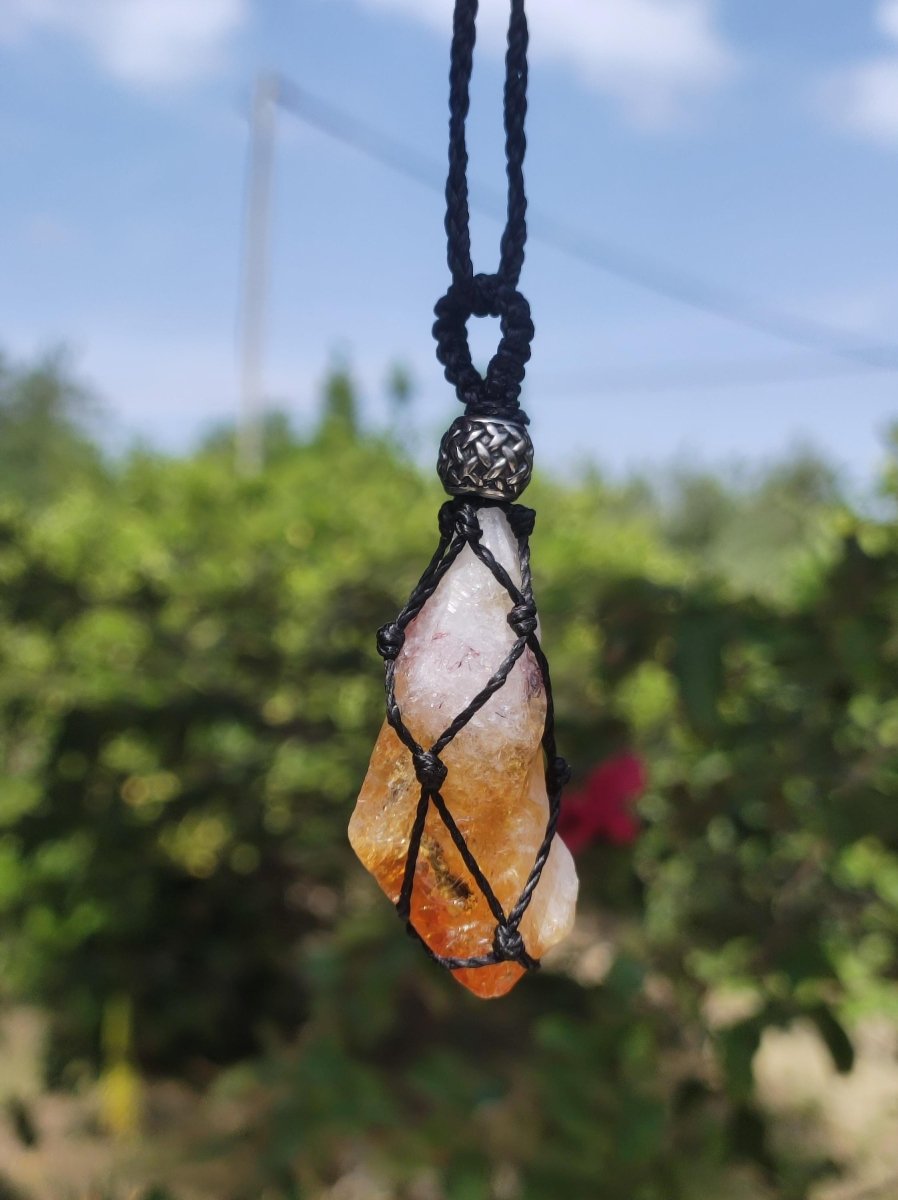 Citrin Spitze ~ Makramee Edelstein Kette gelb Heilstein roh Kristall Geschenk Er Sie Freundin Mutter HIPPIE GOA Boho Ethno Natur Vintage - Art of Nature Berlin