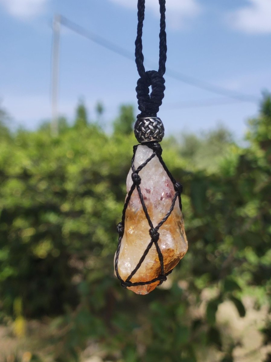 Citrin Spitze ~ Makramee Edelstein Kette gelb Heilstein roh Kristall Geschenk Er Sie Freundin Mutter HIPPIE GOA Boho Ethno Natur Vintage - Art of Nature Berlin