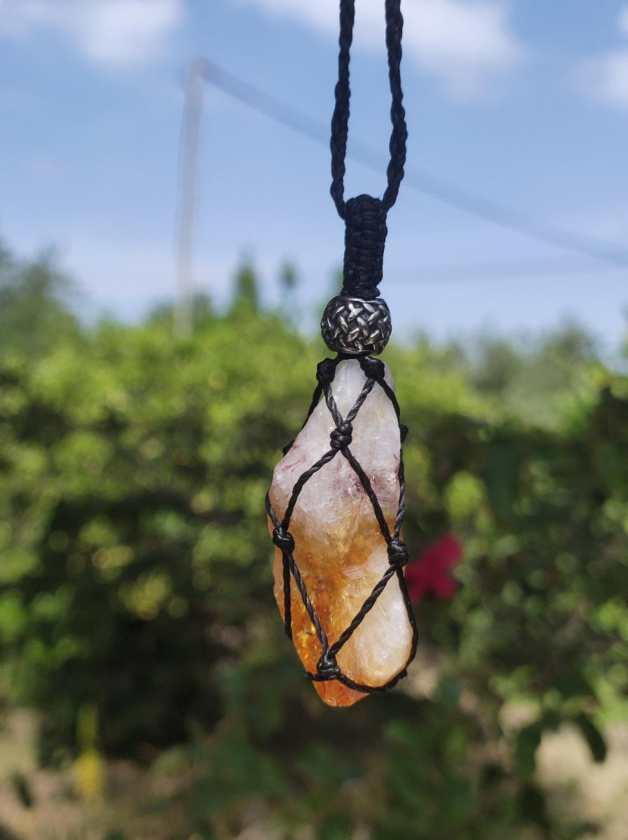 Citrin Spitze ~ Makramee Edelstein Kette gelb Heilstein roh Kristall Geschenk Er Sie Freundin Mutter HIPPIE GOA Boho Ethno Natur Vintage - Art of Nature Berlin