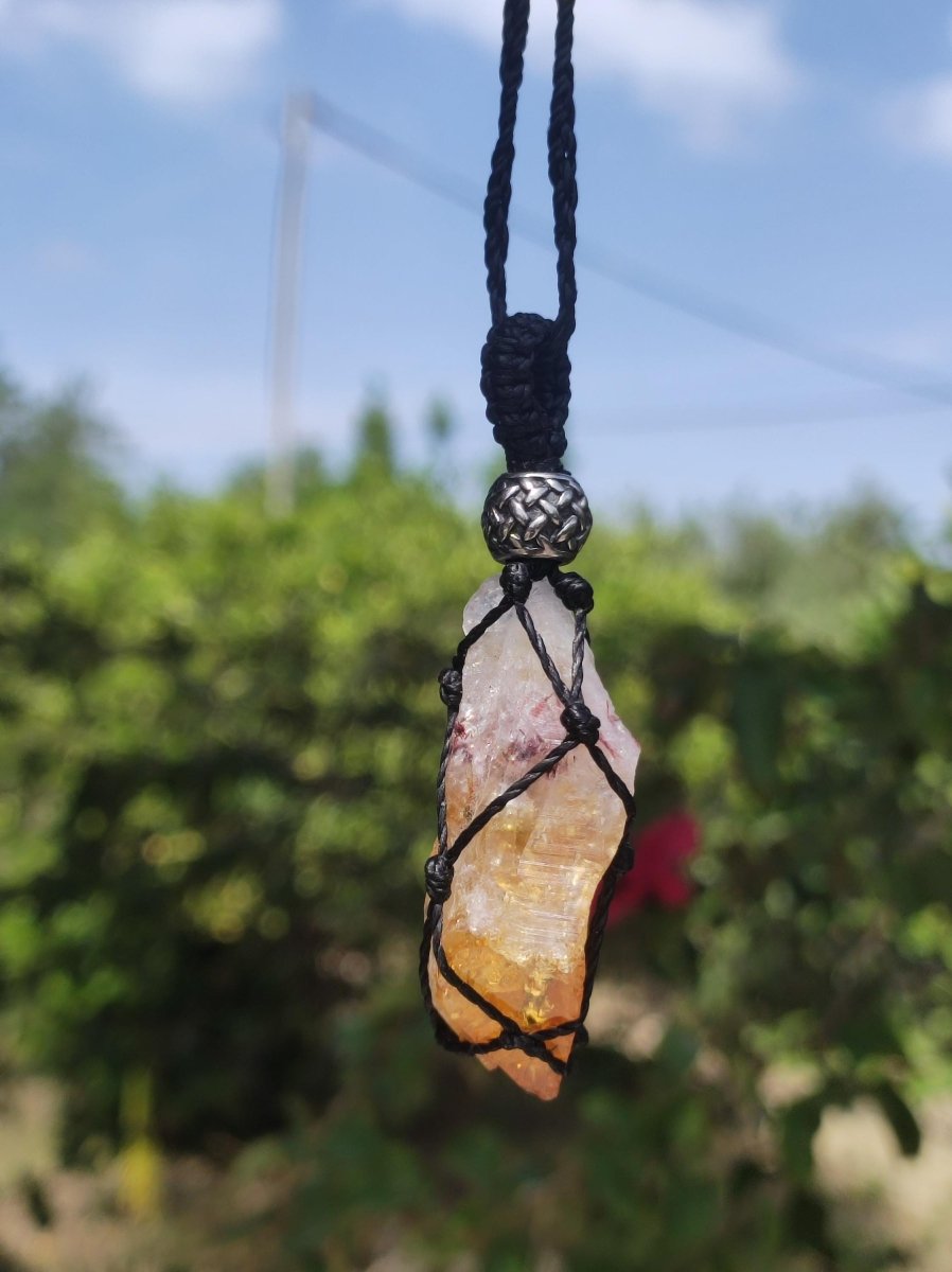 Citrin Spitze ~ Makramee Edelstein Kette gelb Heilstein roh Kristall Geschenk Er Sie Freundin Mutter HIPPIE GOA Boho Ethno Natur Vintage - Art of Nature Berlin