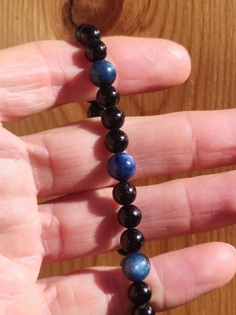 Cyanit + Turmalin (Schorl) AAA *Rarität* - Edelstein Armband Stretch blau schwarz Perlen Glück Mann Frau Er Sie Geschenk Freund Energie - Art of Nature Berlin