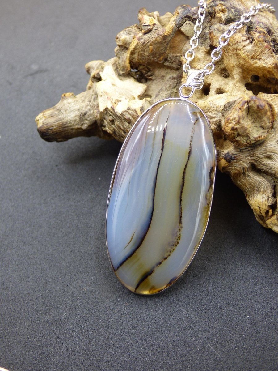 Dendrite Achat - 925 Sterling Silber Edelstein Kette Natur weiß Schutz Rarität Heilstein Kristall Mann Frau Er Sie Geschenk Freund Bruder - Art of Nature Berlin