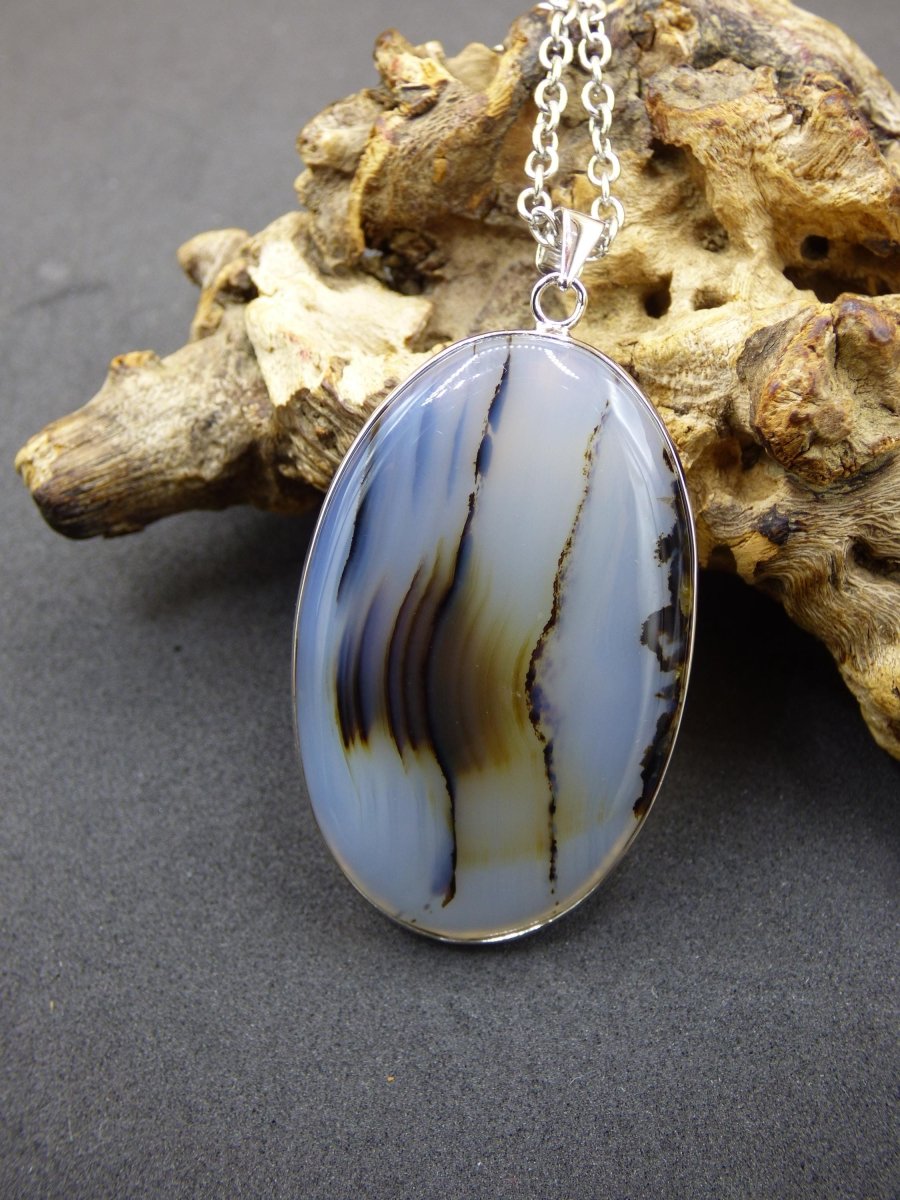 Dendrite Achat - 925 Sterling Silber Edelstein Kette Natur weiß Schutz Rarität Heilstein Kristall Mann Frau Er Sie Geschenk Freund Bruder - Art of Nature Berlin