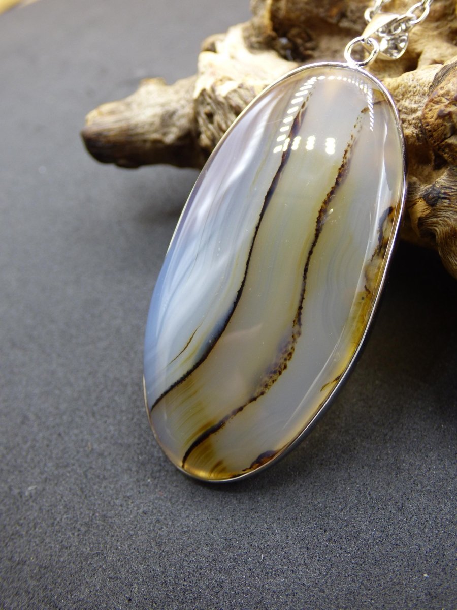Dendrite Achat - 925 Sterling Silber Edelstein Kette Natur weiß Schutz Rarität Heilstein Kristall Mann Frau Er Sie Geschenk Freund Bruder - Art of Nature Berlin