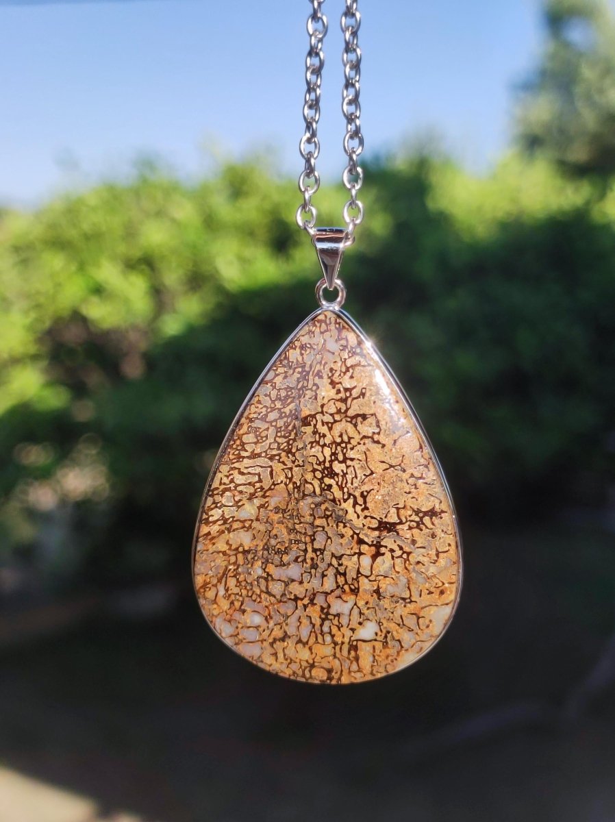 Dinosaurier Knochen - 925 Silber Edelstein Kette Heilstein Natur braun Rarität Edel Mann Frau Geschenk Er Sie Freundin Energie Schmuck - Art of Nature Berlin