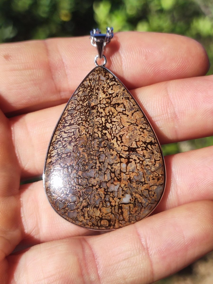 Dinosaurier Knochen - 925 Silber Edelstein Kette Heilstein Natur braun Rarität Edel Mann Frau Geschenk Er Sie Freundin Energie Schmuck - Art of Nature Berlin