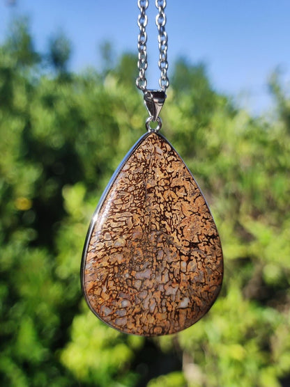 Dinosaurier Knochen - 925 Silber Edelstein Kette Heilstein Natur braun Rarität Edel Mann Frau Geschenk Er Sie Freundin Energie Schmuck - Art of Nature Berlin