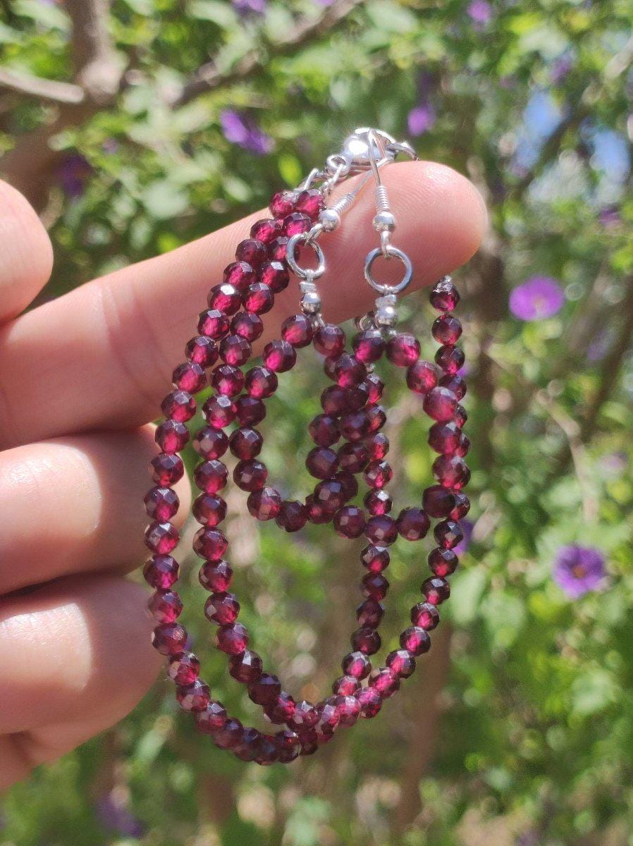 Granat AAA - Edelstein Ohrringe rund 3mm Perlen facettiert rot Silber Natur Heilstein Energie Rarität Schmuck Frau Sie Mutter Geschenk - Art of Nature Berlin