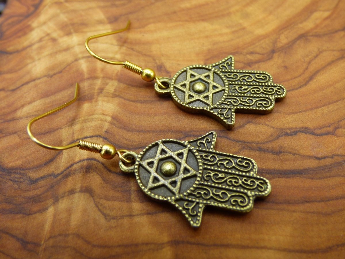 Hamsa ~ Hand der Fatima + David Stern / Hand Gottes ~ Ohrringe aus Antik Bronze ~Goa ~Hippie ~Vintage ~Indien ~Boho ~Ethno ~Sonne ~Indian - Art of Nature Berlin