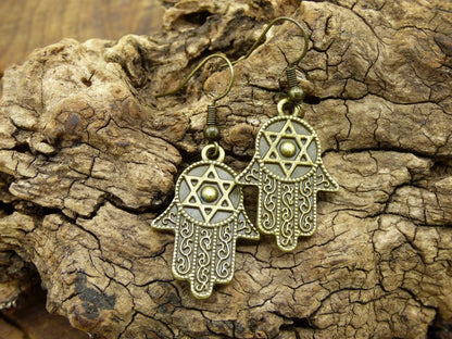 Hamsa ~ Hand der Fatima + David Stern / Hand Gottes ~ Ohrringe aus Antik Bronze ~Goa ~Hippie ~Vintage ~Indien ~Boho ~Ethno ~Sonne ~Indian - Art of Nature Berlin