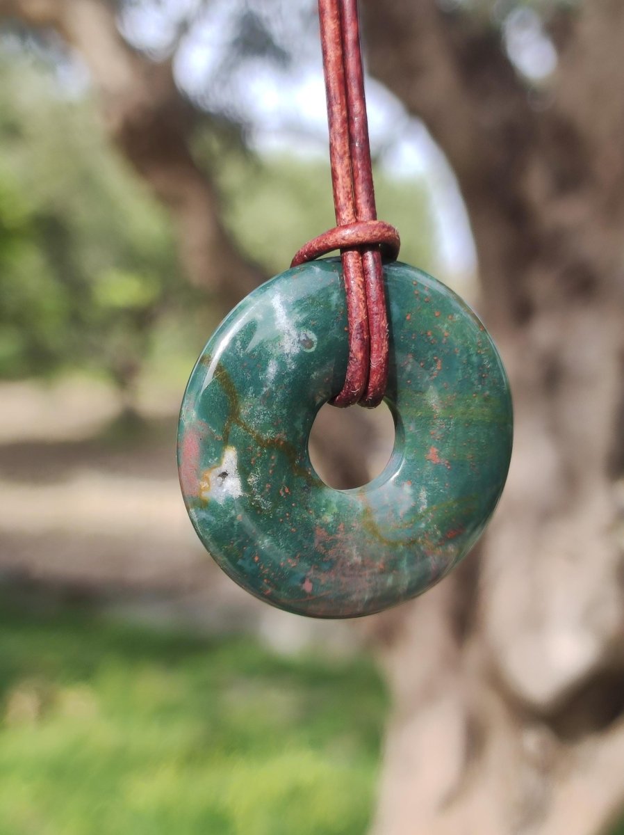 Heliotrop - Donut 30mm Edelstein Kette rund Heilstein Schutzsymbol Mann Frau Kind Glück HIPPIE GOA Boho Tibet Ethno Natur Rarität Geschenk - Art of Nature Berlin